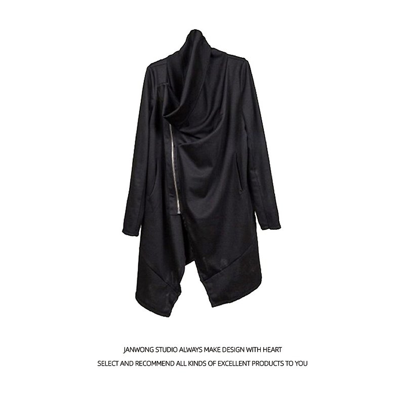 JANWONG设计师男款风衣女款OVERSIZE暗黑不规则斜拉链外套 - 男夾克/外套 - 棉．麻 黑色