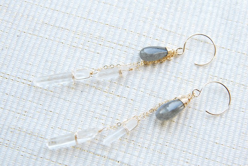 Icicle crystal and Gemstone quality labradorite earrings 14kgf - ต่างหู - เครื่องเพชรพลอย สีเทา