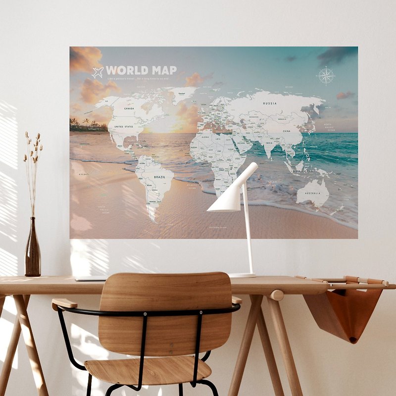 【簡単ウォールステッカー】世界地図/美しいビーチ - 痕跡なし/ホームデコレーション - ウォールデコ・壁紙 - ポリエステル 