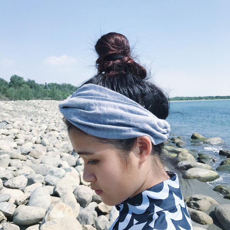 小波粼 巾帽式 鬆緊極寬版/手工髮帶 - 髮帶/頭箍 - 棉．麻 藍色