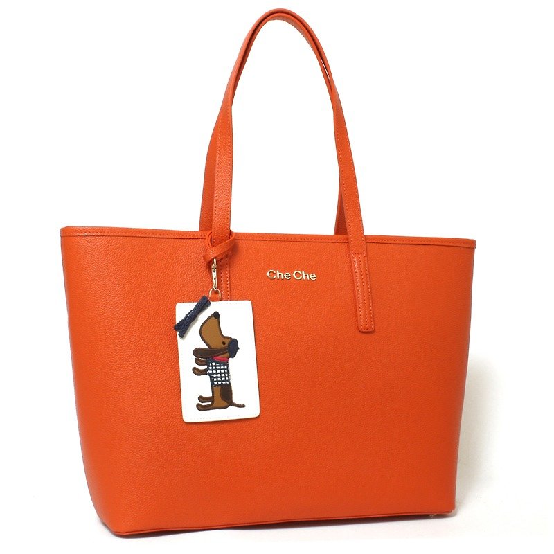 Paris Dog Card Holder Leather Tote - กระเป๋าถือ - หนังแท้ สีส้ม