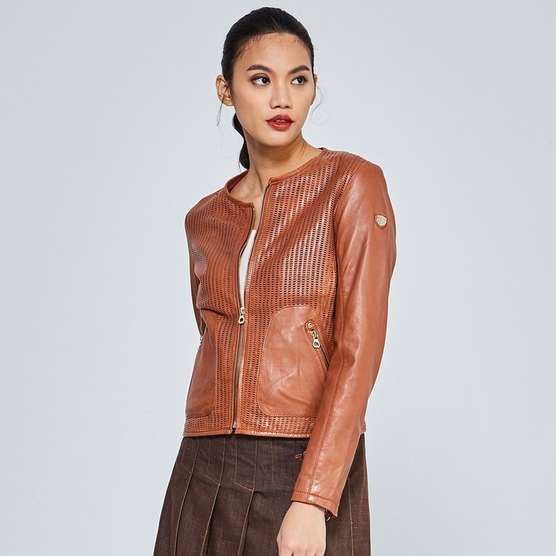 Refurbished[Germany GIPSY] GGBlanka collarless mesh leather jacket‧gold zipper | Brown coffee - Women's Casual & Functional Jackets - Genuine Leather Brown