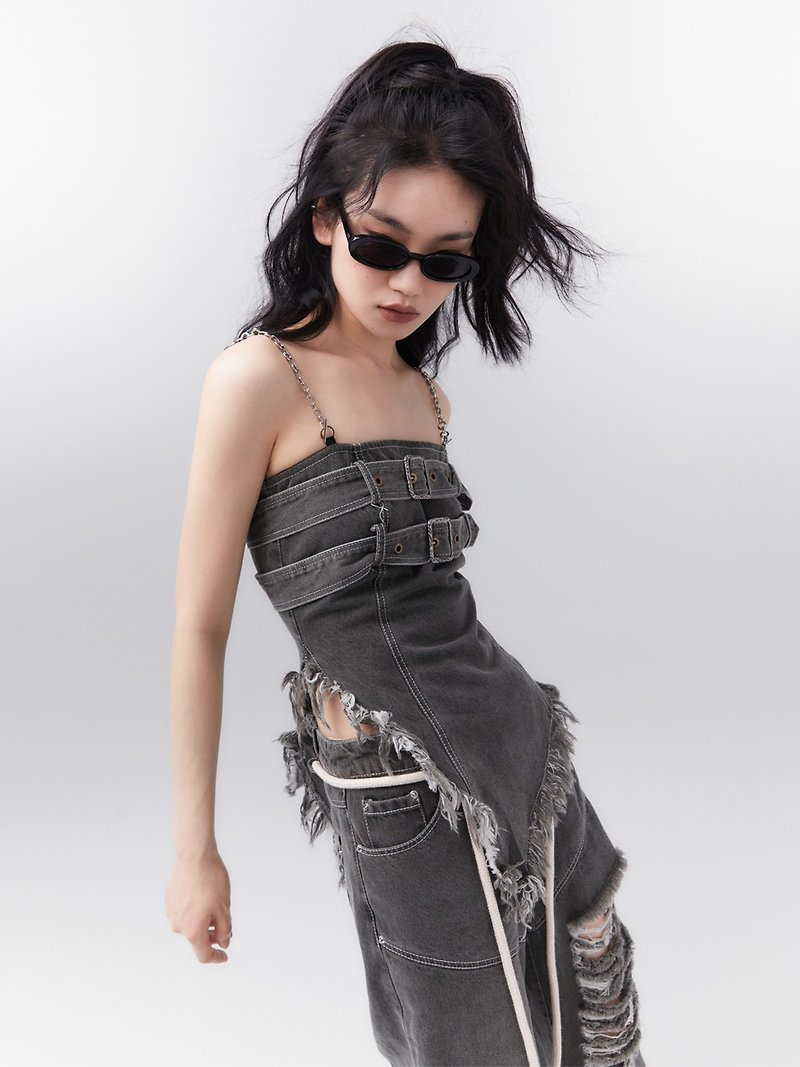 unnone item original design moss green old washed denim tube top camisole with metal chain - Women's Vests - Cotton & Hemp 