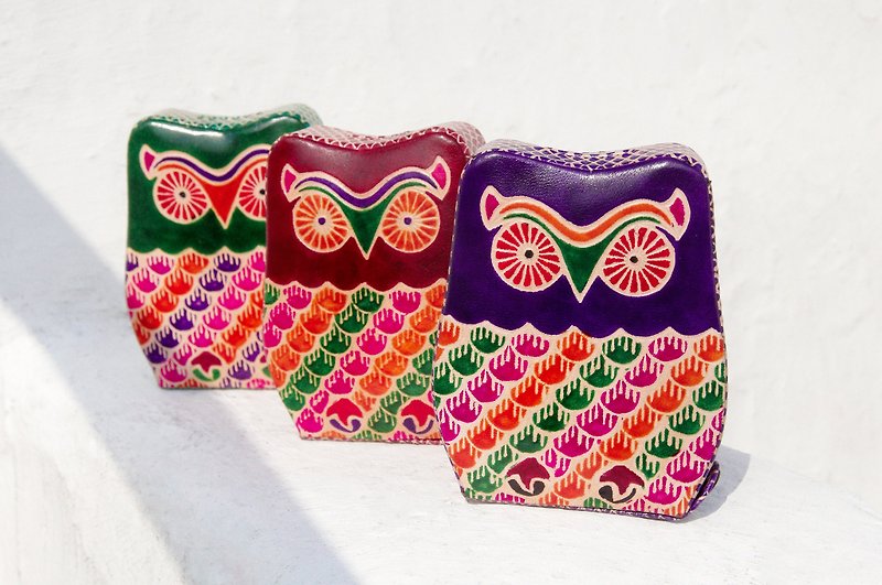 情人節禮物 手工山羊皮存錢筒 / 手繪風格皮革錢包  - 可愛動物 貓頭鷹( 紫色 / 酒紅色 / 綠色 ) - 存錢筒 - 真皮 多色