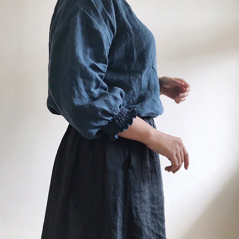 [Top 01] Round neck, dropped shoulders, puff sleeves/61 colors - Women's Tops - Cotton & Hemp Blue