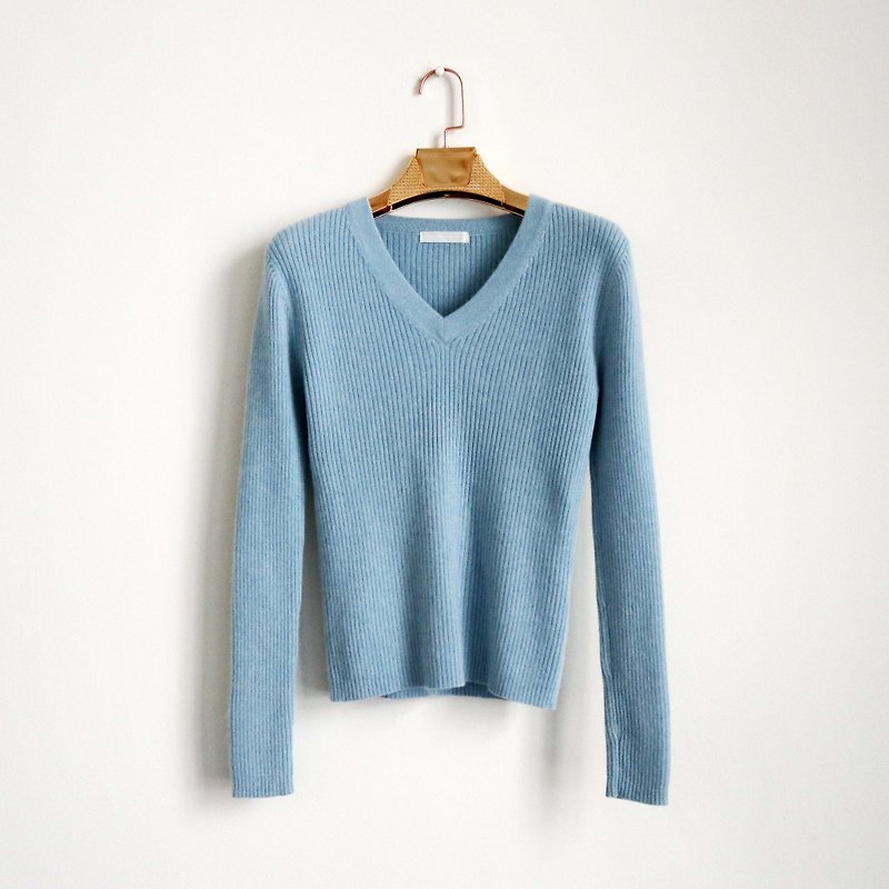 Pumpkin Vintage. Ancient water blue Cashmere cashmere pullover sweater - สเวตเตอร์ผู้หญิง - ขนแกะ 