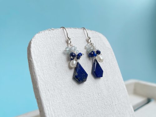 68 Jewellery｜純銀。天然石。輕珠寶 //青金石海藍寶珍珠耳環// S925純銀 天然石水晶手作 防過敏