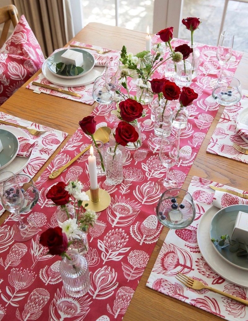 South Africa aLoveSupreme_Hand-painted colorful long tablecloth_African Plant Kingdom_White with red background - Place Mats & Dining Décor - Cotton & Hemp 