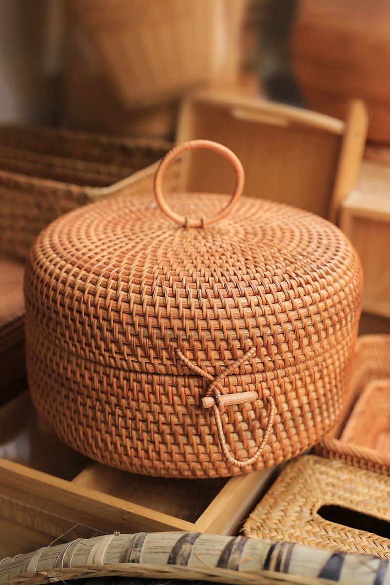 Rattan series | Round storage box | Tea tea set storage box | Handmade natural autumn rattan - Storage - Plants & Flowers 