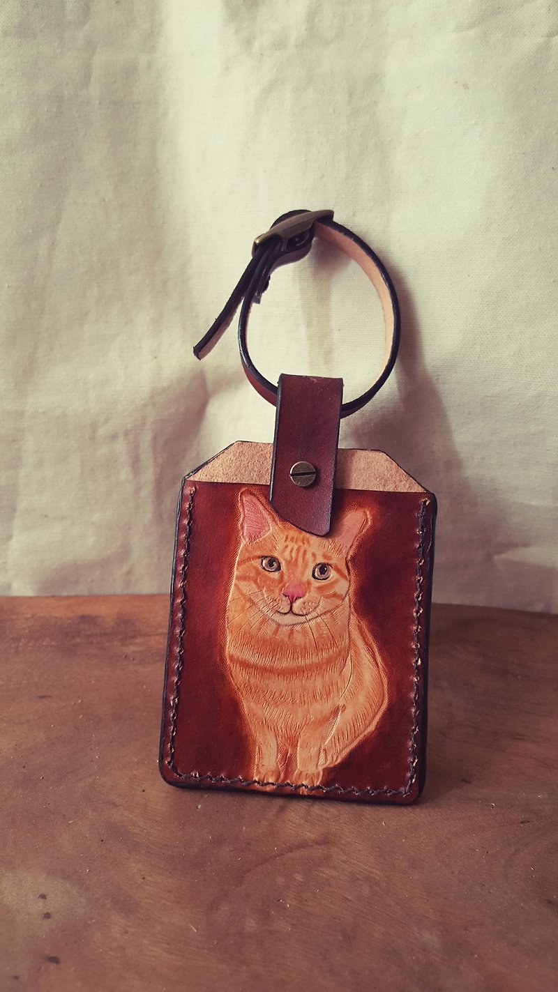 Customized pet full-body cat pure leather luggage tag / identification card / leisure card set (customized lover, birthday gift) - ป้ายสัมภาระ - หนังแท้ สีส้ม