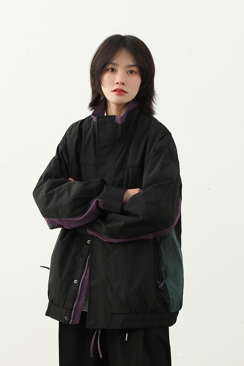 Black 2-color sister Hao Sa stand collar drop shoulder contrast color casual jacket unisex loose jacket M-2XL