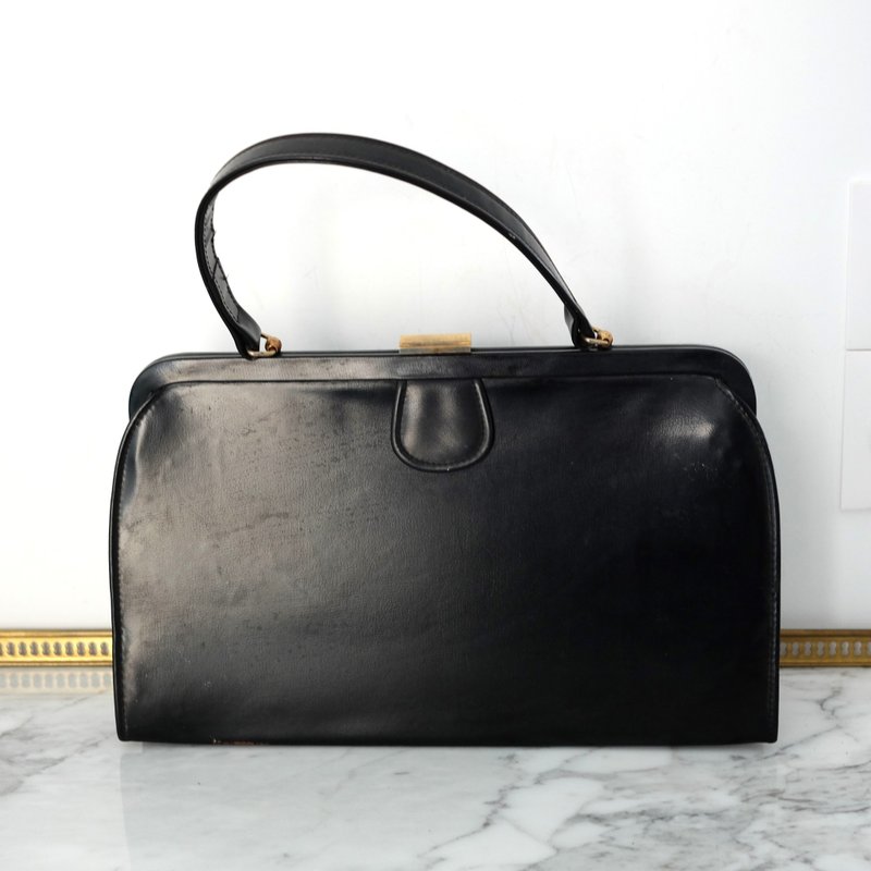 French Vintage Black Genuine Leather Handbag - กระเป๋าถือ - หนังแท้ สีดำ