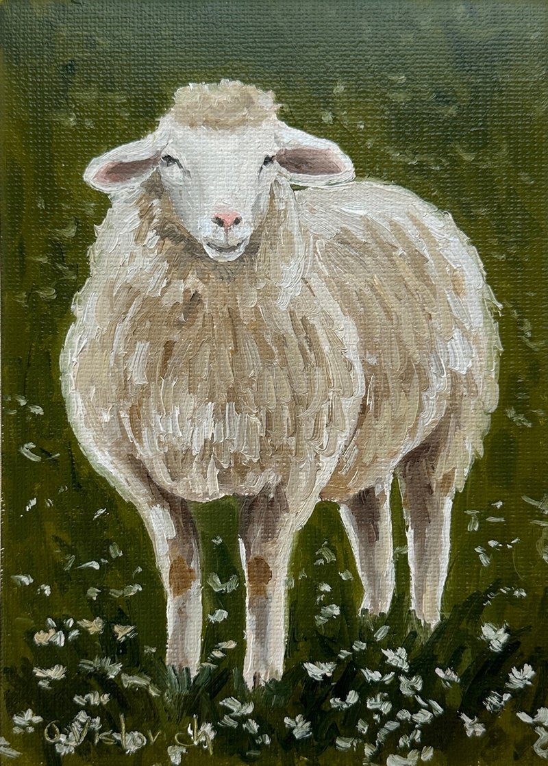 Lamb painting Original Oil Painting Animal Sheep painting Small wall art 5x7 inc - Wall Décor - Other Materials 