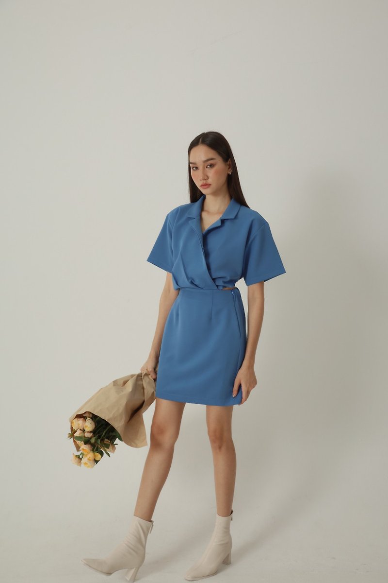 Back cut blazer dress (blue) - 洋裝/連身裙 - 棉．麻 藍色