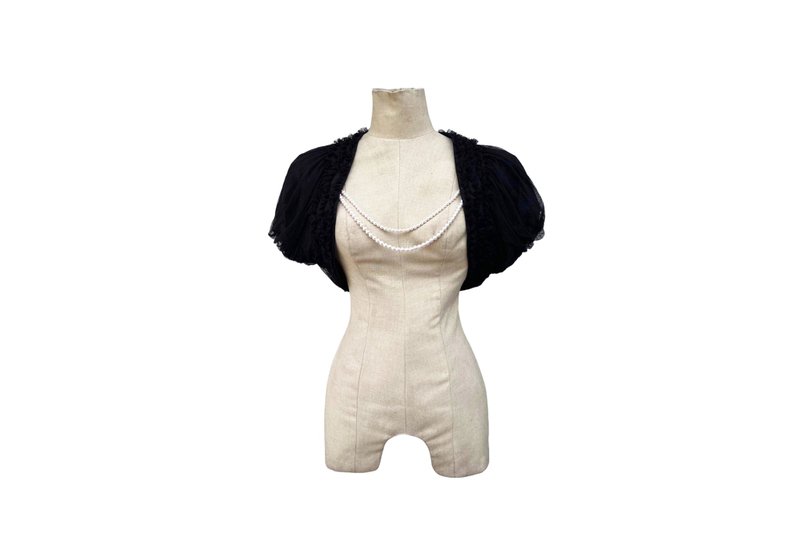 Black Ruffle net Bolero Shrug Short sleeve, with removable pearl dangling layer - 女大衣/外套 - 聚酯纖維 黑色