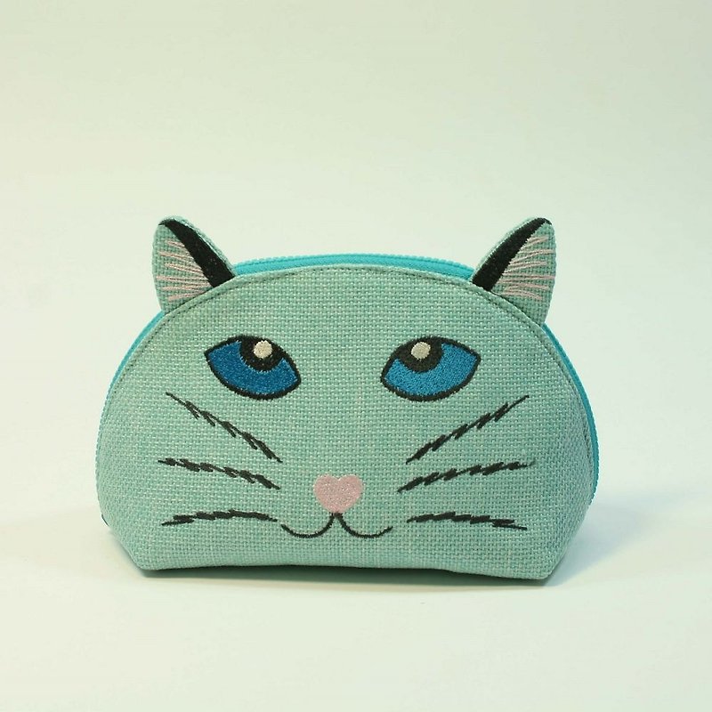 刺繍シェルメイクパック01  - 猫の頭 - ポーチ - ポリエステル グリーン