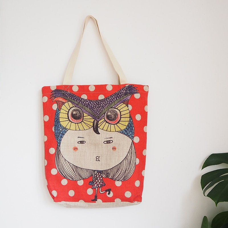 owl owl shopping bag cotton Linen red wave point - กระเป๋าแมสเซนเจอร์ - ผ้าฝ้าย/ผ้าลินิน สีแดง