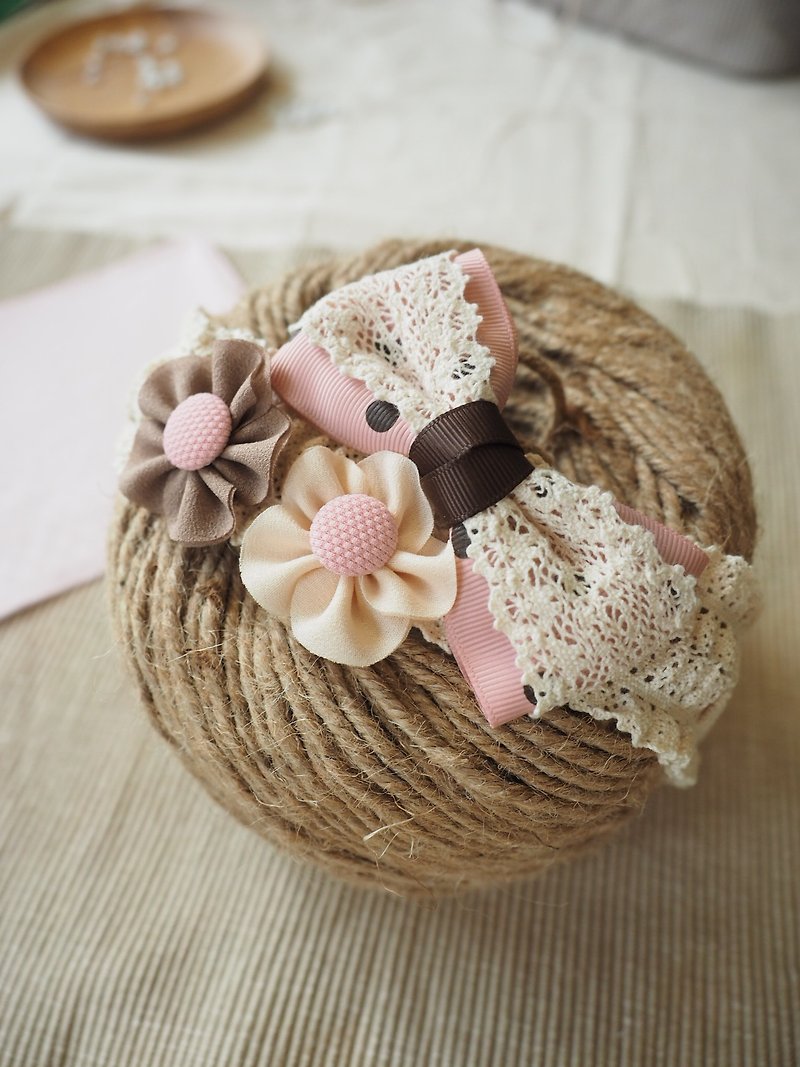 Handmade Elastic Headband with Pink Ribbon and fabric flowers - Baby Hats & Headbands - Cotton & Hemp Pink