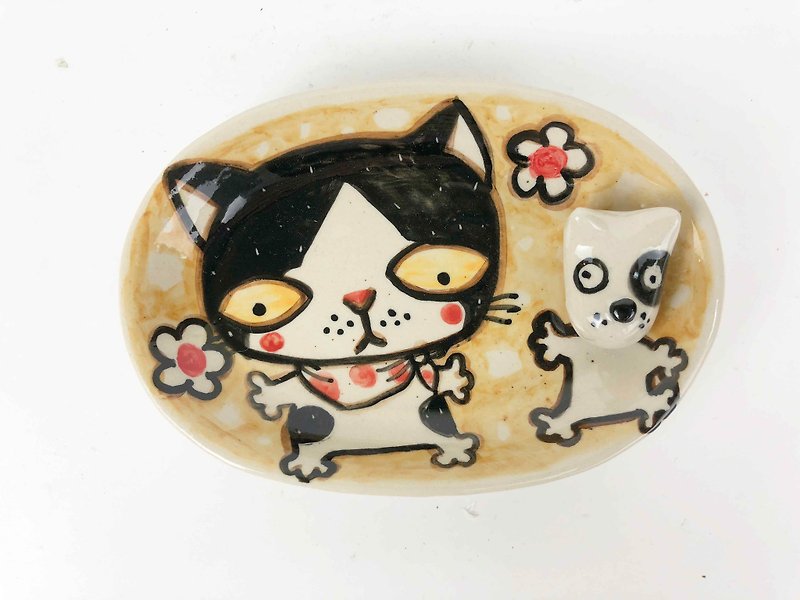 素敵な小さな粘土手作り石鹸皿猫と犬0701-02 - バス・トイレ用品 - 陶器 オレンジ