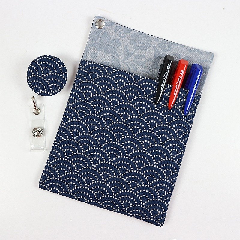 Physician Pocket Pocket Leakproof Ink Storage Bag Pen Bag + Document Clip - Japan Qinghai Wave (Blue) - กล่องใส่ปากกา - ผ้าฝ้าย/ผ้าลินิน สีน้ำเงิน