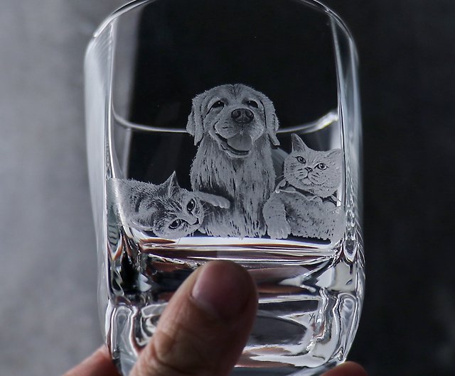 295cc 【ペットカスタム】 3匹のペット リアルヘアー キッズ ウィスキーカップ - ショップ MSAガラス彫刻 ワイングラス・酒器 -  Pinkoi