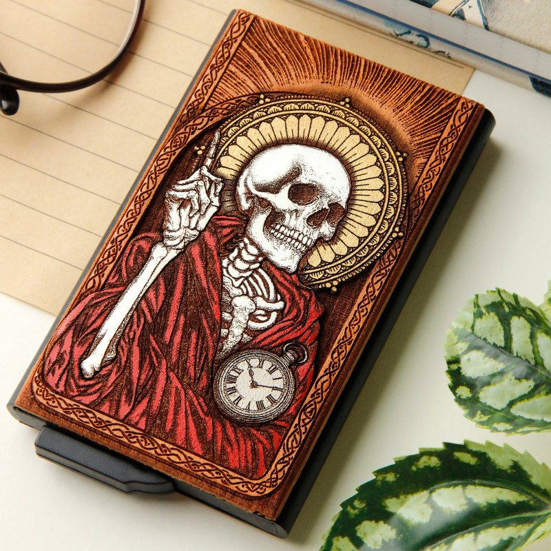In Time to Die -  Wooden card holder with laser engraving + hand painting - 名片夾/名片盒 - 木頭 咖啡色