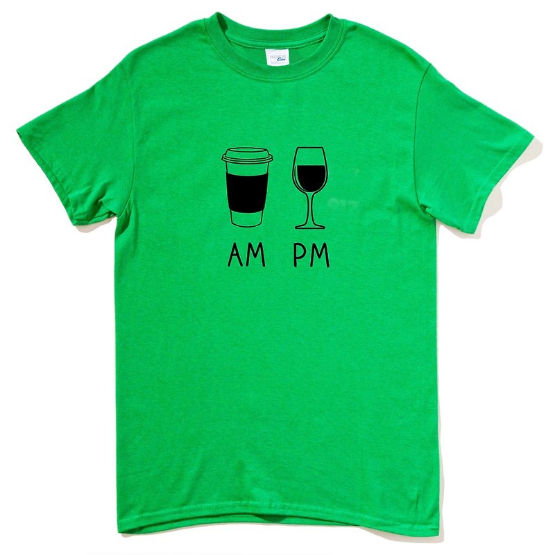 COFFEE AM WINE PM green t shirt - เสื้อยืดผู้ชาย - ผ้าฝ้าย/ผ้าลินิน สีเขียว