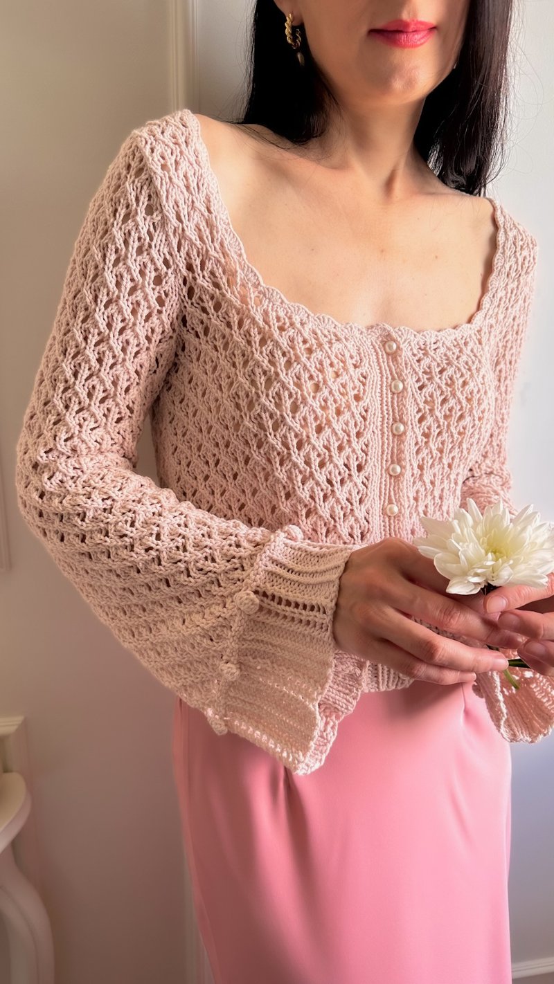 Pink bell sleeve top Summer knit top Cotton sweater for women - 女上衣/長袖上衣 - 棉．麻 