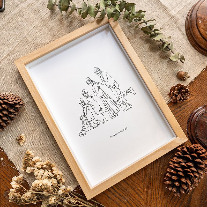 Simple line drawing 5 people family portrait portrait custom painting birthday gift custom gift with electronic file - ภาพวาดบุคคล - กระดาษ 