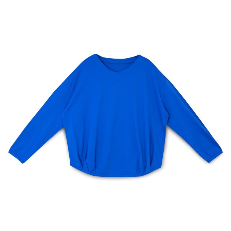 【Simply Yours】V-neck side pleated long-sleeved T blue F - Women's Tops - Cotton & Hemp Blue