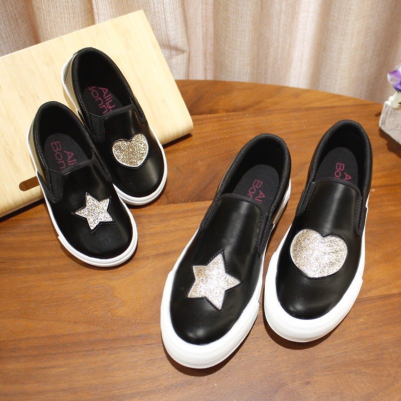 Asymmetrical Glitter Star Heart Sneakers-Lock Black - Women's Casual Shoes - Genuine Leather Black