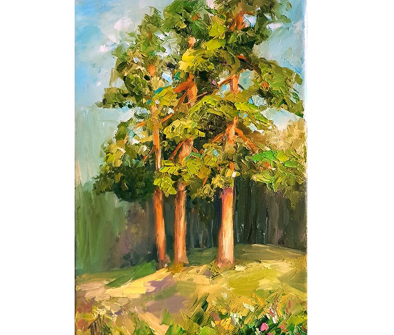 Pine Tree Painting  Landscape Original Art Oil Painting Canvas Wall Art 掛畫 油畫創作 - โปสเตอร์ - ผ้าฝ้าย/ผ้าลินิน สีเขียว