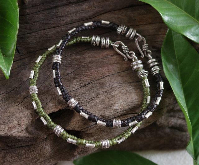 Sterling Silver Bead Necklace w/ Leaf Hook Clasp & Hill Tribe on sale Silver Leaf Pendant