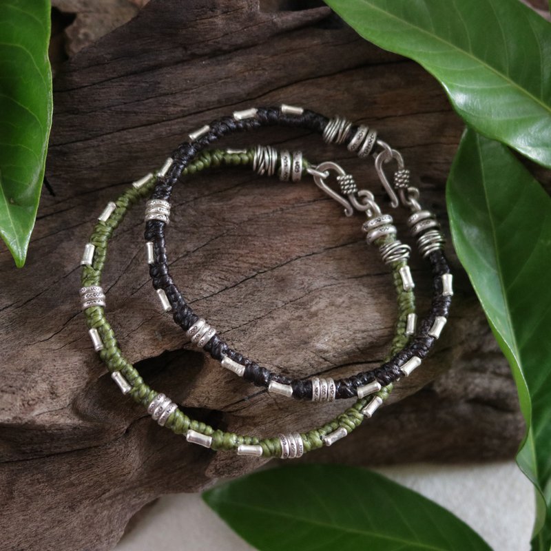 Braided Bracelet with Clasp, Karen Hill Tribe Silver bead, For Men and Women - สร้อยข้อมือ - เงินแท้ สีเขียว