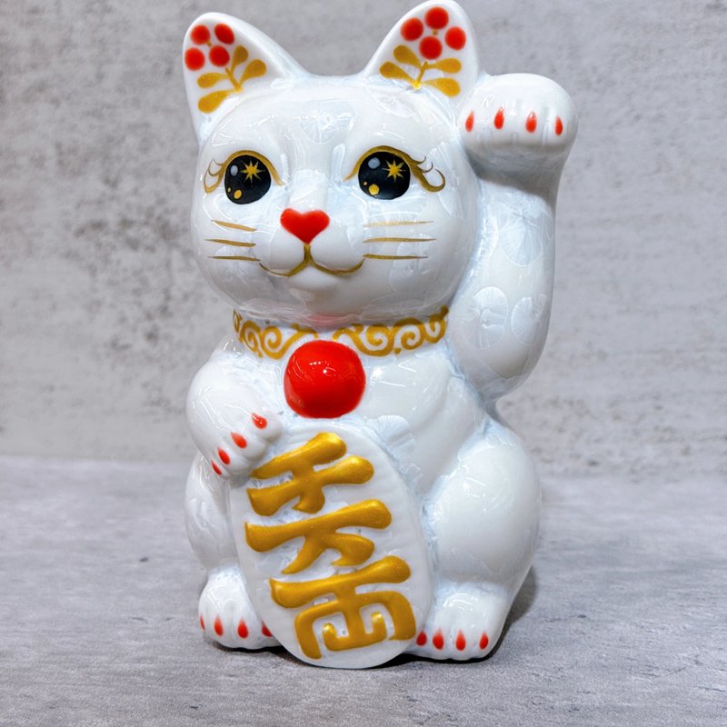 【晶雪萬金】日本清水燒招財貓 | 花結晶 白 千萬両 左 - 擺飾/家飾品 - 瓷 白色