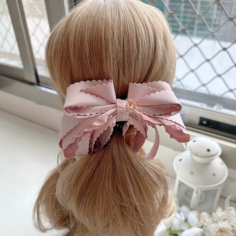Exclusive lace plaid three-dimensional bow intersecting clip banana clip fairy clip hair clip-smoky pink - Hair Accessories - Other Materials Pink
