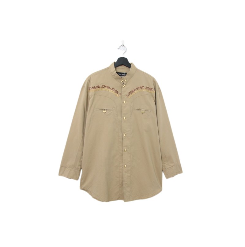 Back to Green-長袖襯衫 卡其 刺繡紋路 T-07//vintage shirt - 男襯衫/休閒襯衫 - 棉．麻 