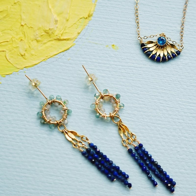 American-made 14K gold-injected natural lapis lazuli tourmaline Stone winding hand-made earrings#克lem蓝的夏#