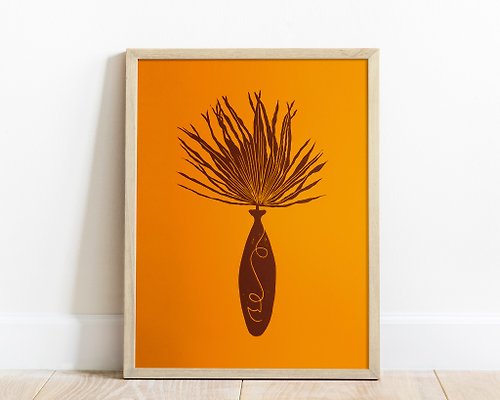 daashart Linocut print Yellow and brown Boho vase with face plant wall art New home gift