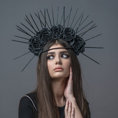 LepotaAccessories Gothic halo crown Black flower Dark goddess headpiece Black wedding bridal tiara