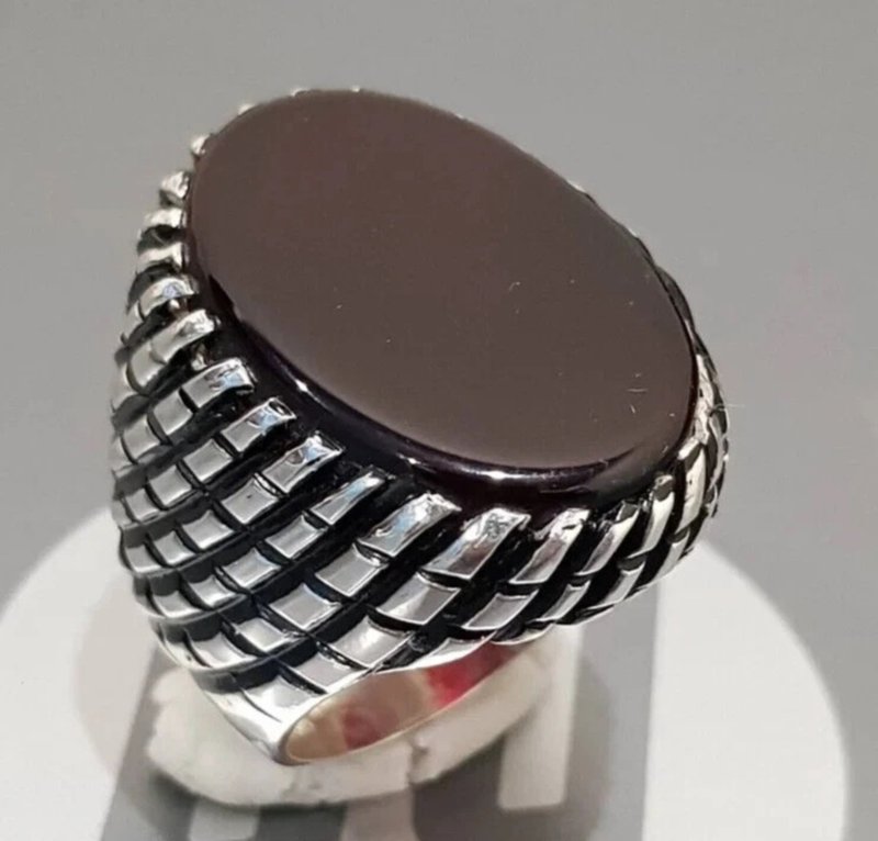 Real Yemeni Aqeeq Ring Kabadi Black Dark Deep Blood Red Aqeeq Ring Akik Ring men - 戒指 - 寶石 咖啡色