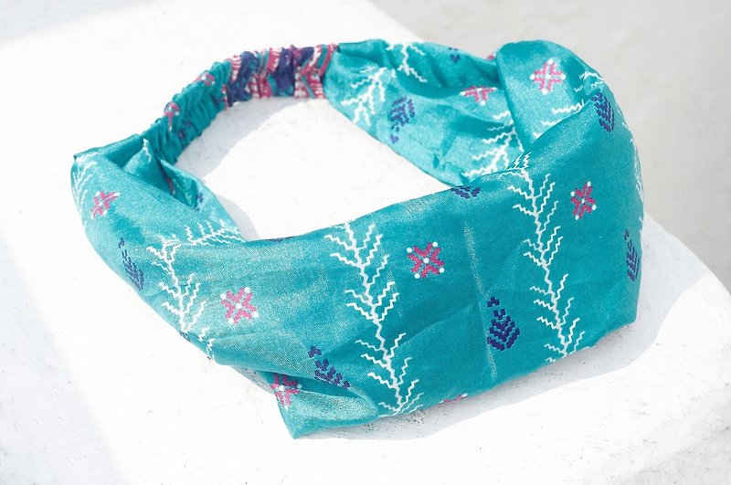 Limited amount of a hand-made hair / French hairband / colorful flowers hair band / satin loose hair band / satin silk hair band / flowers hair band - blue Mediterranean geometric pattern - Hair Accessories - Silk Blue
