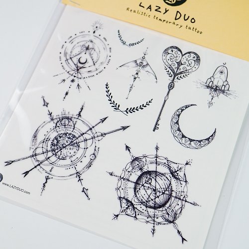 ╰ LAZY DUO TATTOO ╮ LAZY DUO神秘唯美刺青紋身貼紙月亮曼陀羅簡約愛心鎖匙羅盤指南針