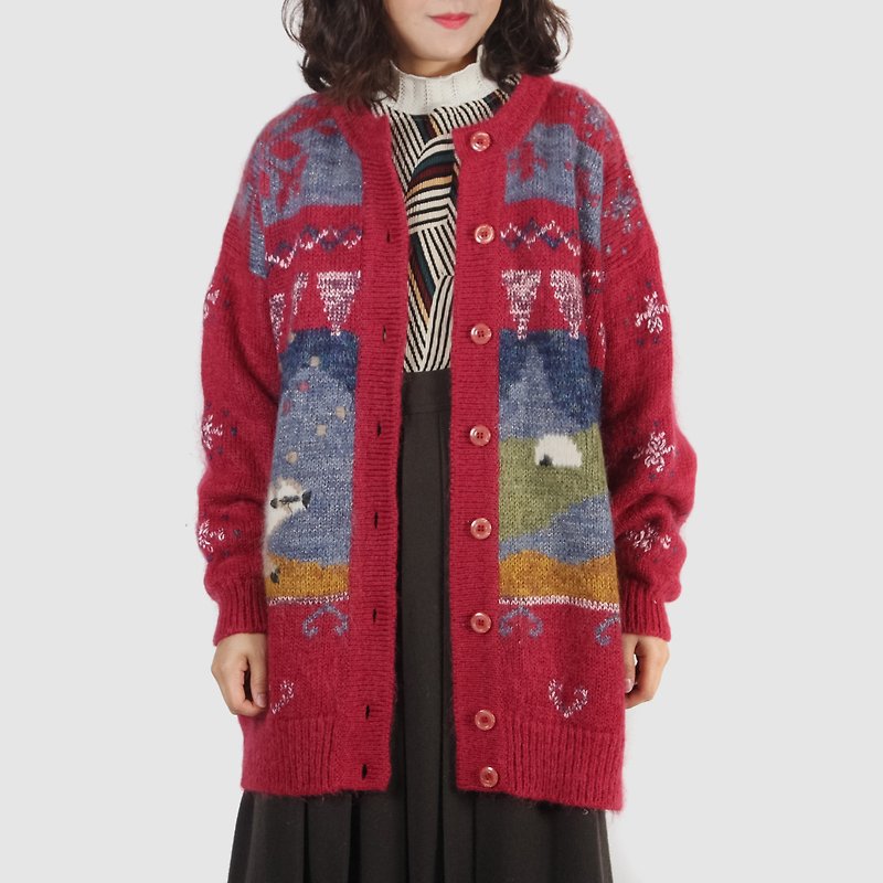 [Egg Plant Vintage] Polar Bear Ranch Totem Vintage Cardigan Sweater Jacket - สเวตเตอร์ผู้หญิง - ไฟเบอร์อื่นๆ หลากหลายสี