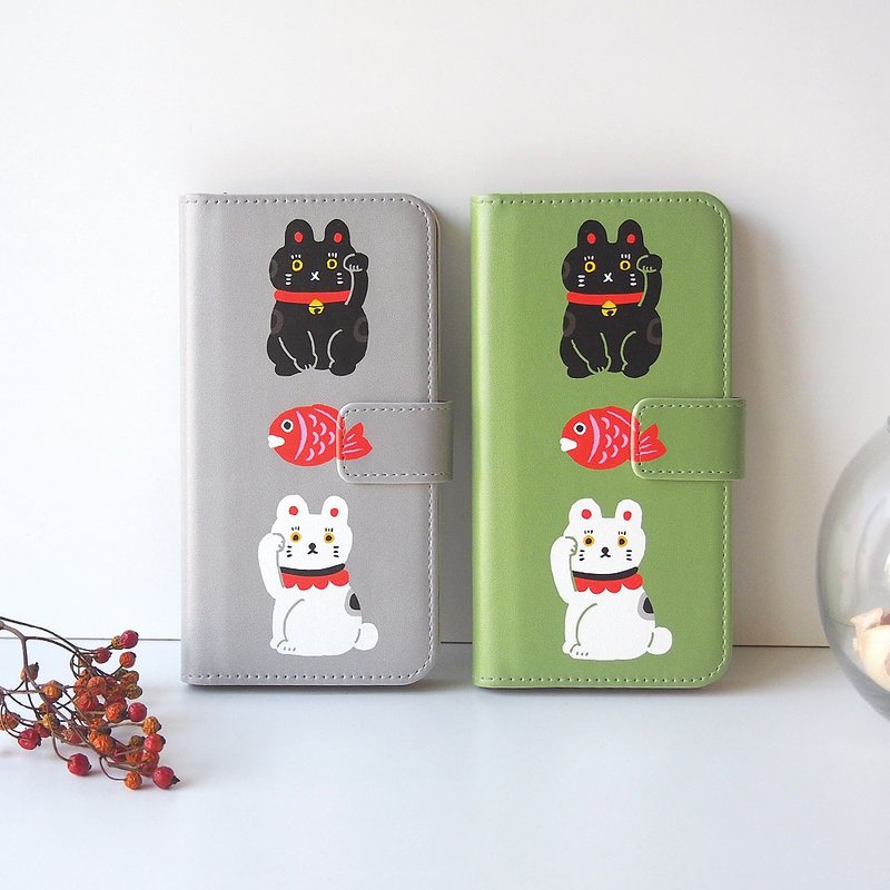 Notebook type phone case - Beckoning Cats - - เคส/ซองมือถือ - หนังเทียม สีเขียว