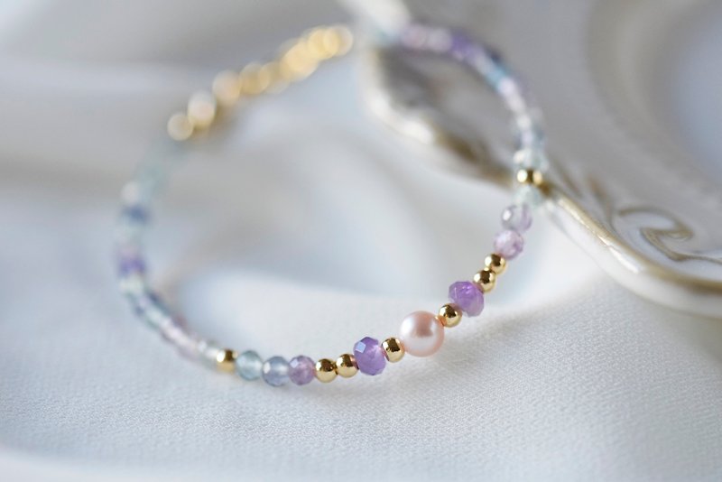 Gem Orb。Fluorite Amethyst Freshwater Pearl Gemstone 14kgp Rose gold Bracelet - Bracelets - Crystal Purple