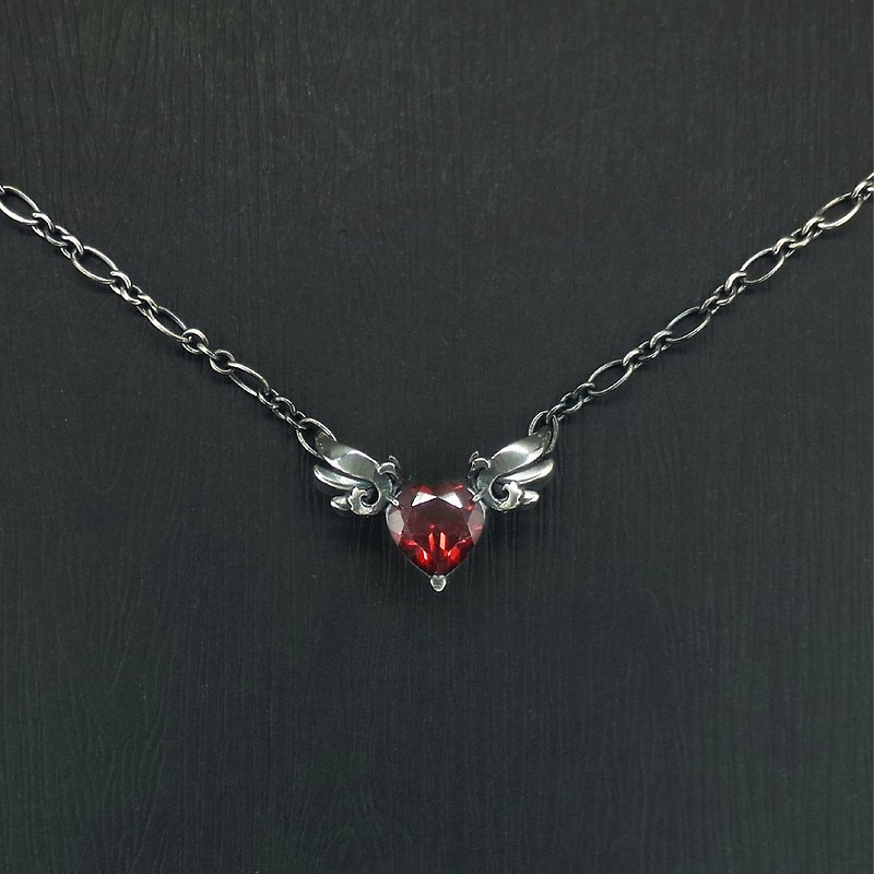 Red Heart Angel Wings Necklace - Garnet, S925 Silver. - Collar Necklaces - Gemstone Red