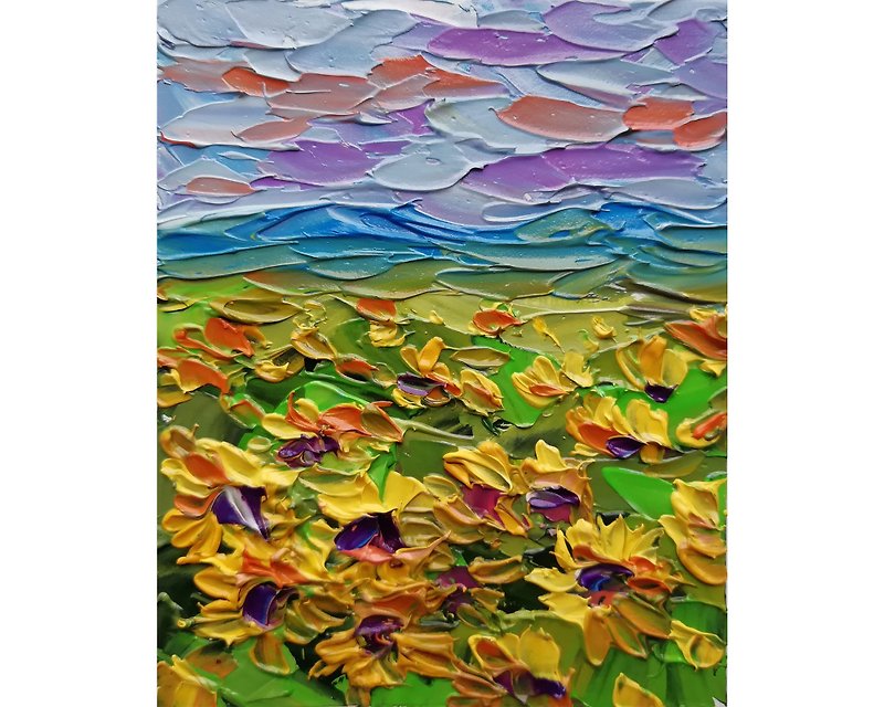 Sunflower Oil Painting Landscape Original Art Impasto Art Field Flowers Wall Art - 海報/掛畫/掛布 - 其他金屬 
