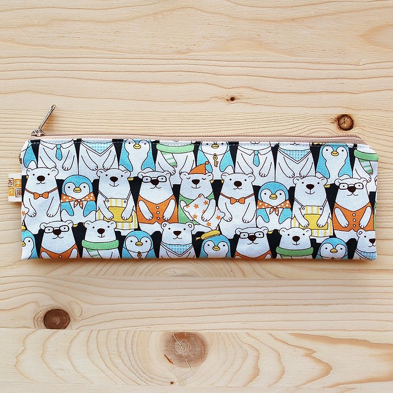 企鵝北極熊拉鏈寬版筷袋 - 筷子/筷架 - 棉．麻 藍色