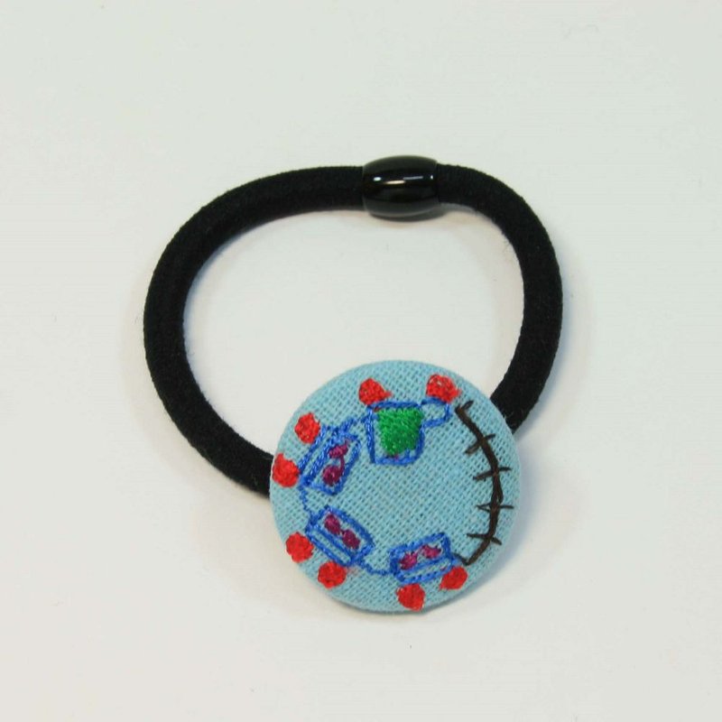 刺繡 髮束04-火車 - 髮圈/髮夾 - 棉．麻 藍色